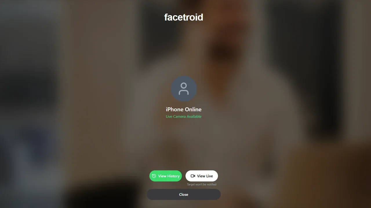 A live camera feed being monitored through the Facetroid app, with real-time device diagnostics displayed on the side.